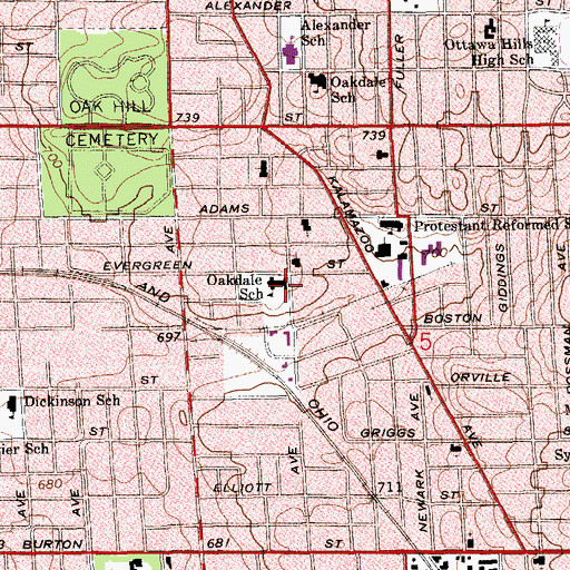 Topographic Map of Oakdale School, MI