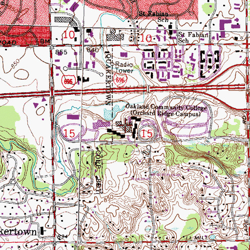 Topographic Map of Oakland Community College, MI