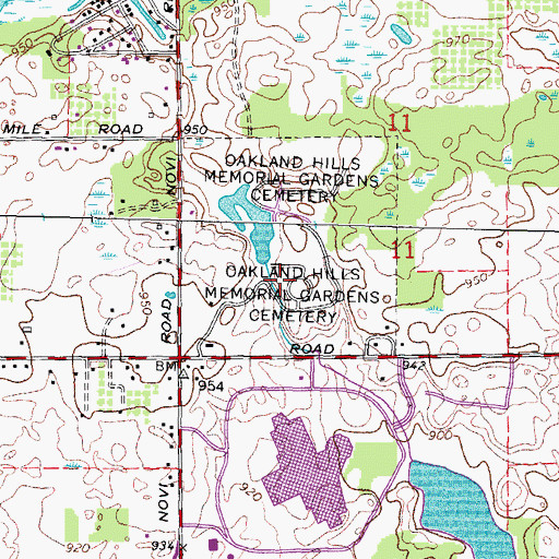Topographic Map of Oakland Hills Memorial Gardens Cemetery, MI