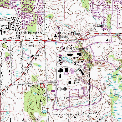 Topographic Map of Oakland University, MI