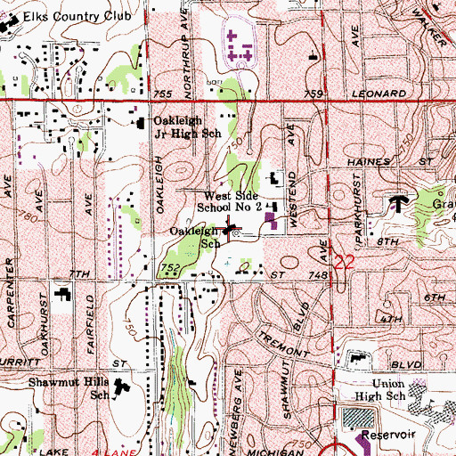 Topographic Map of Oakleigh School, MI