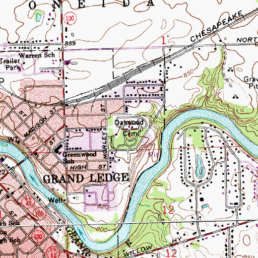 Topographic Map of Oakwood Cemetery, MI