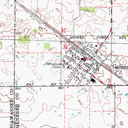 Topographic Map of Oakwood Cemetery, MI