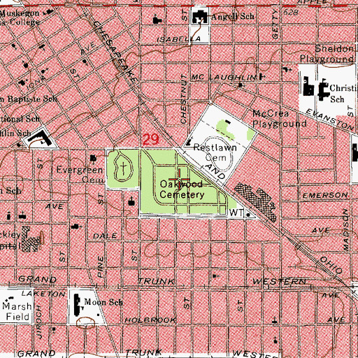 Topographic Map of Oakwood Cemetery, MI