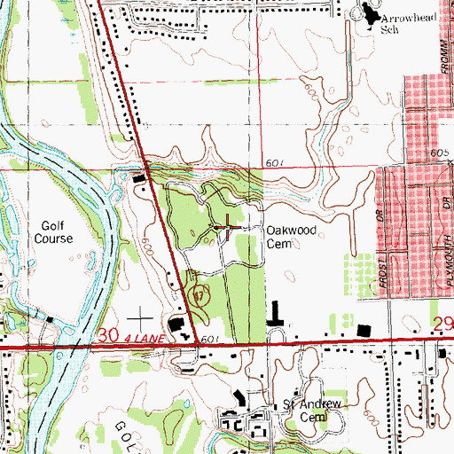 Topographic Map of Oakwood Cemetery, MI