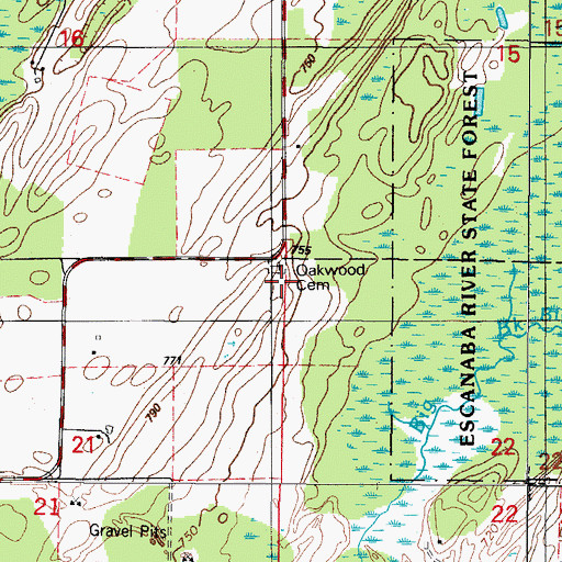 Topographic Map of Oakwood Cemetery, MI