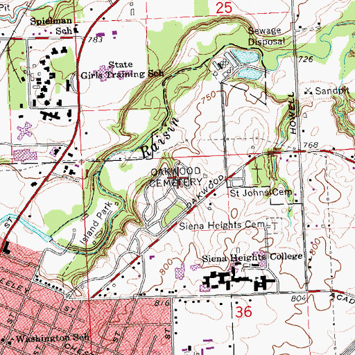 Topographic Map of Oakwood Cemetery, MI