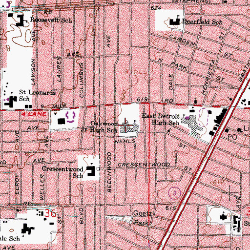 Topographic Map of Oakwood Junior High School, MI