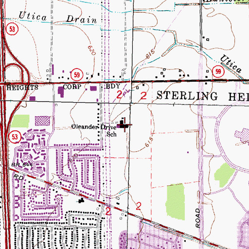 Topographic Map of Oleander Drive School, MI