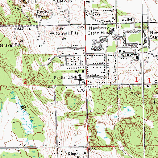 Topographic Map of Pentland School, MI