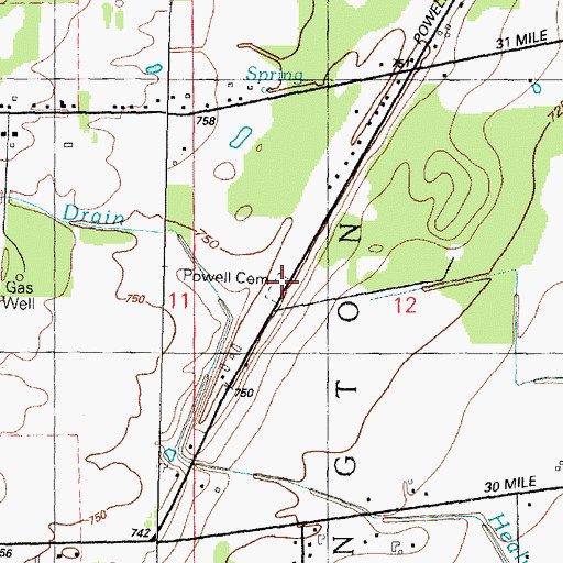 Topographic Map of Powell Cemetery, MI