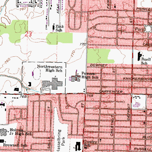 Topographic Map of Powers High School, MI