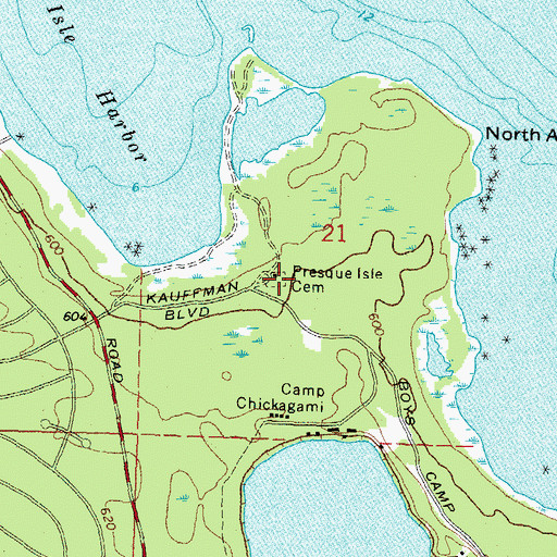 Topographic Map of Presque Isle Cemetery, MI