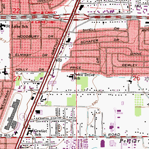 Topographic Map of Price Drive School, MI