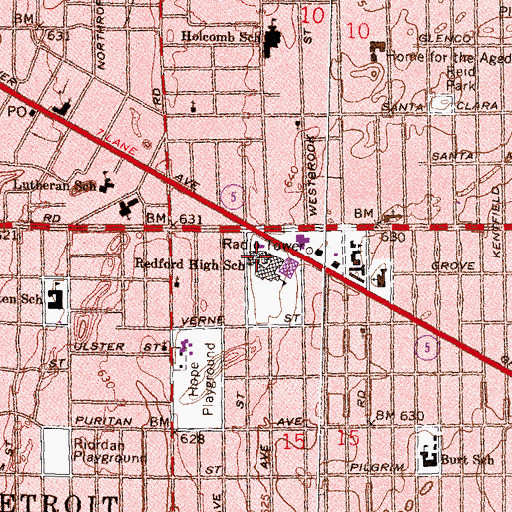Topographic Map of Redford High School, MI
