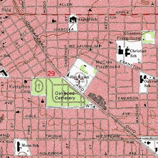 Topographic Map of Restlawn Cemetery, MI
