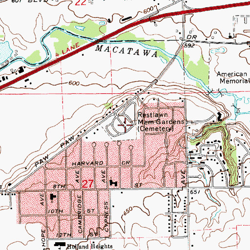 Topographic Map of Roselawn Memorial Gardens, MI