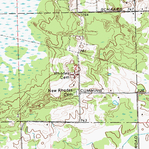Topographic Map of Rhodes Cemetery, MI