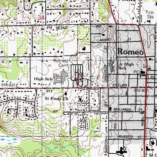 Topographic Map of Romeo Cemetery, MI