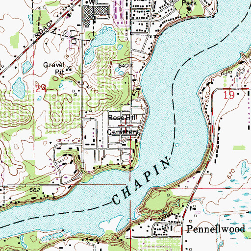 Topographic Map of Rose Hill Cemetery, MI