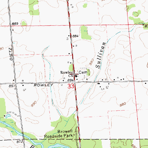 Topographic Map of Rowley Church, MI