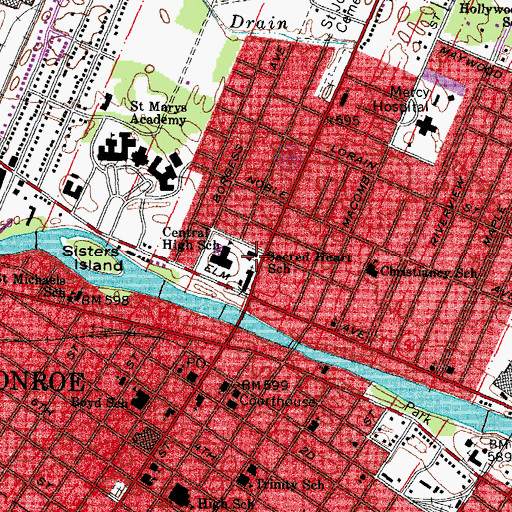 Topographic Map of Saint Mary Middle School Campus of Monroe Catholic Elementary Schools, MI