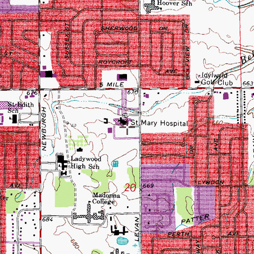 Topographic Map of Saint Mary Mercy Hospital, MI
