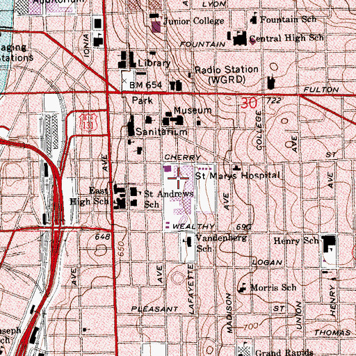 Topographic Map of Saint Mary's Mercy Medical Center, MI