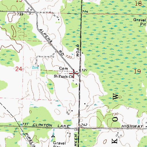 Topographic Map of Saint Pauls Church, MI