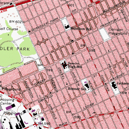 Topographic Map of Servite High School, MI