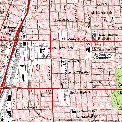 Topographic Map of Sheldon School, MI