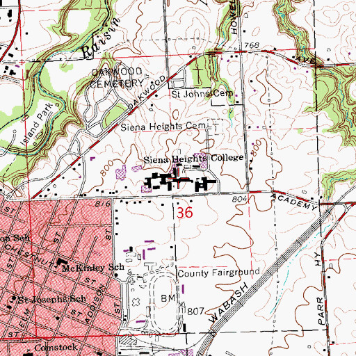 Topographic Map of Siena Heights University, MI