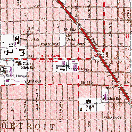 Topographic Map of Sinai Grace Hospital, MI