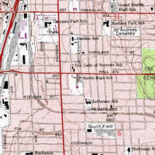 Topographic Map of South High School, MI