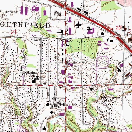 Topographic Map of Southfield Cemetery, MI
