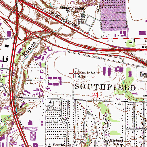 Topographic Map of Southfield Cemetery, MI