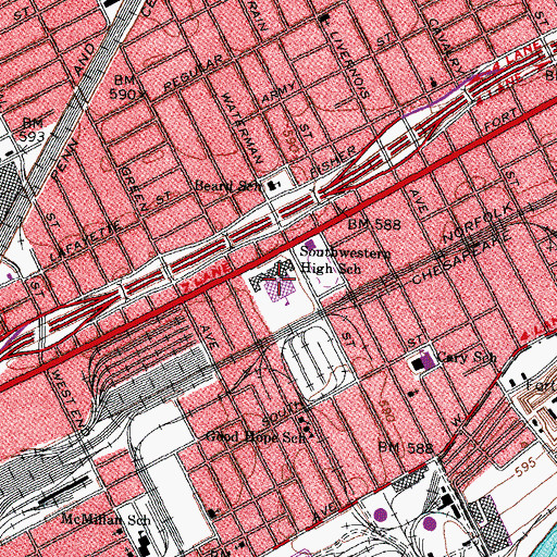 Topographic Map of Southwestern High School (historical), MI