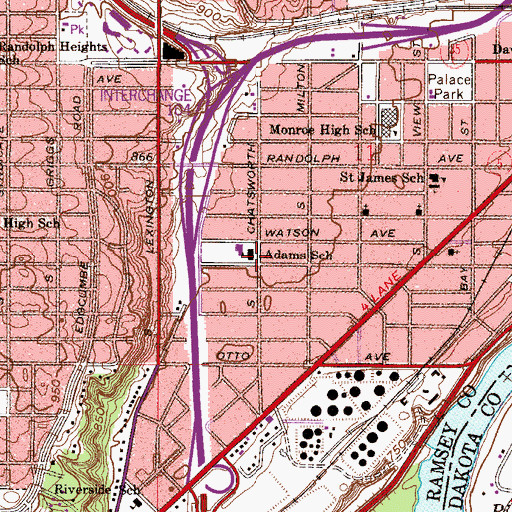 Topographic Map of Adams School, MN