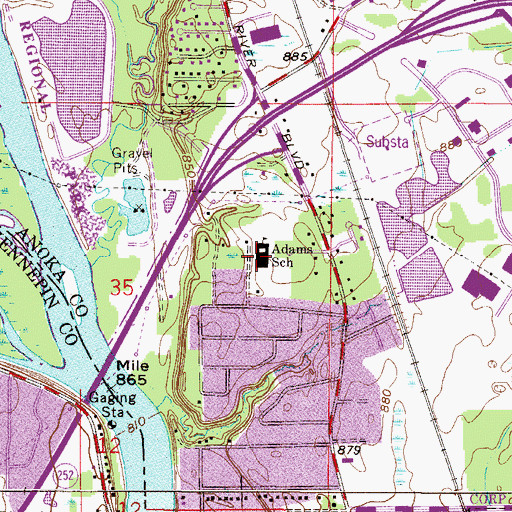Topographic Map of Adams Elementary School, MN