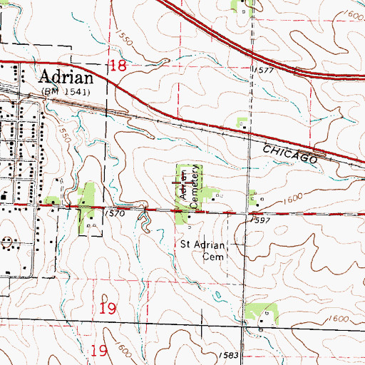 Topographic Map of Adrian Cemetery, MN