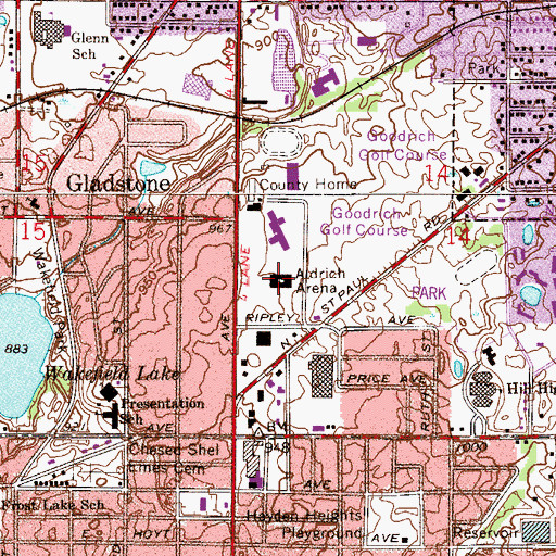 Topographic Map of Aldrich Arena, MN