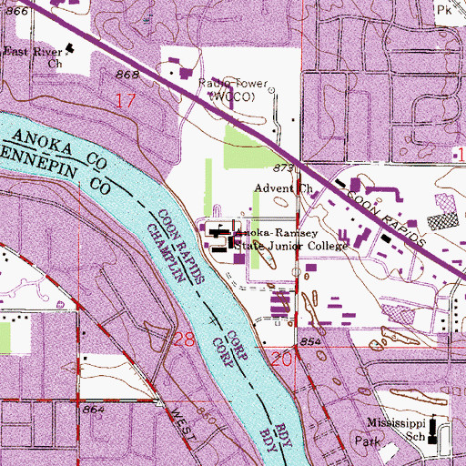 Topographic Map of Anoka - Ramsey Community College, MN