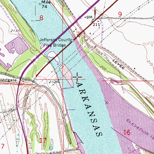 Topographic Map of Yell Bend, AR