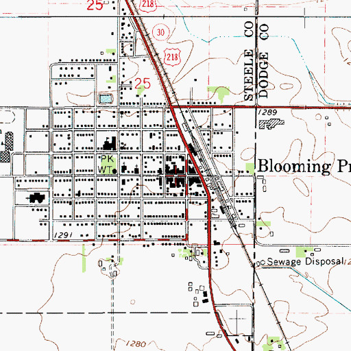 Topographic Map of Blooming Prairie, MN