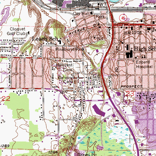 Topographic Map of Calvary Cemetery, MN