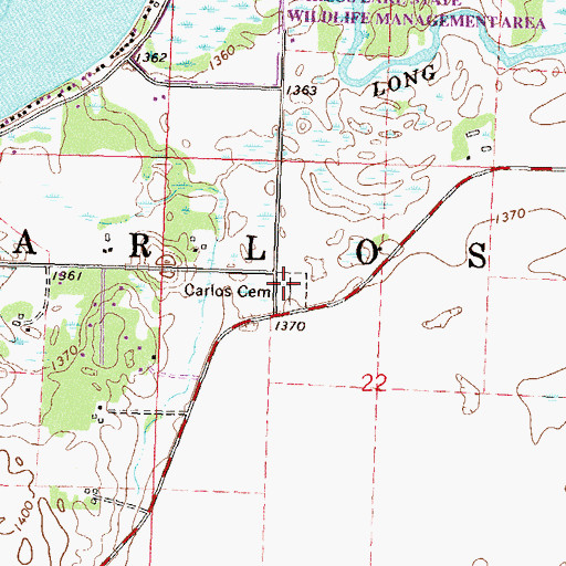 Topographic Map of Carlos Cemetery, MN