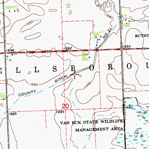Topographic Map of County Ditch Number Twentyone, MN