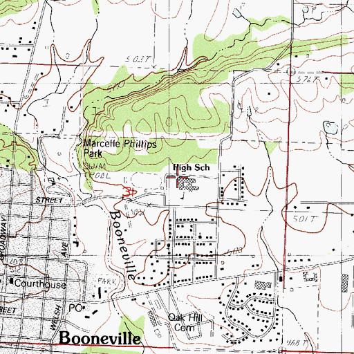 Topographic Map of Booneville High School, AR