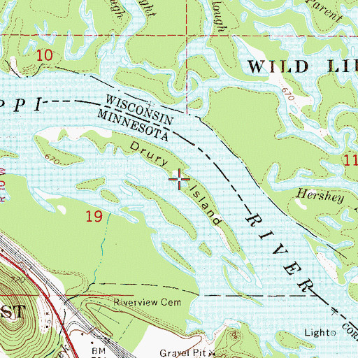 Topographic Map of Drury Island, MN
