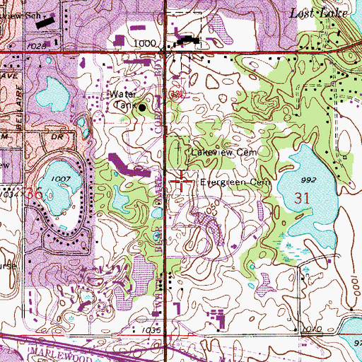 Topographic Map of Evergreen Cemetery, MN